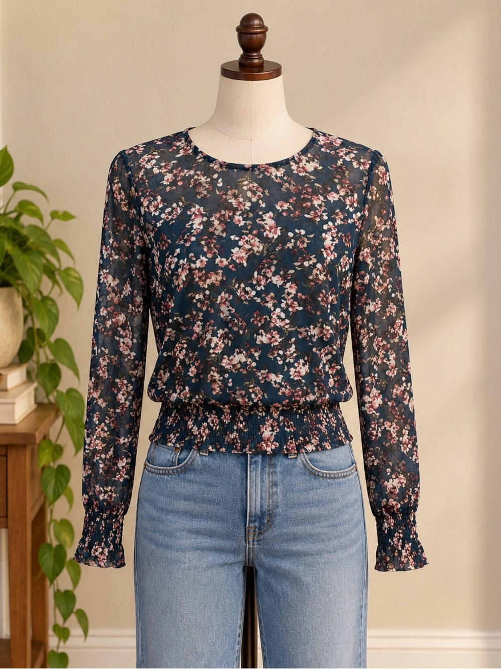Dynamite Dark Floral Mesh Top Small Romantic Grunge Y2K Smocked